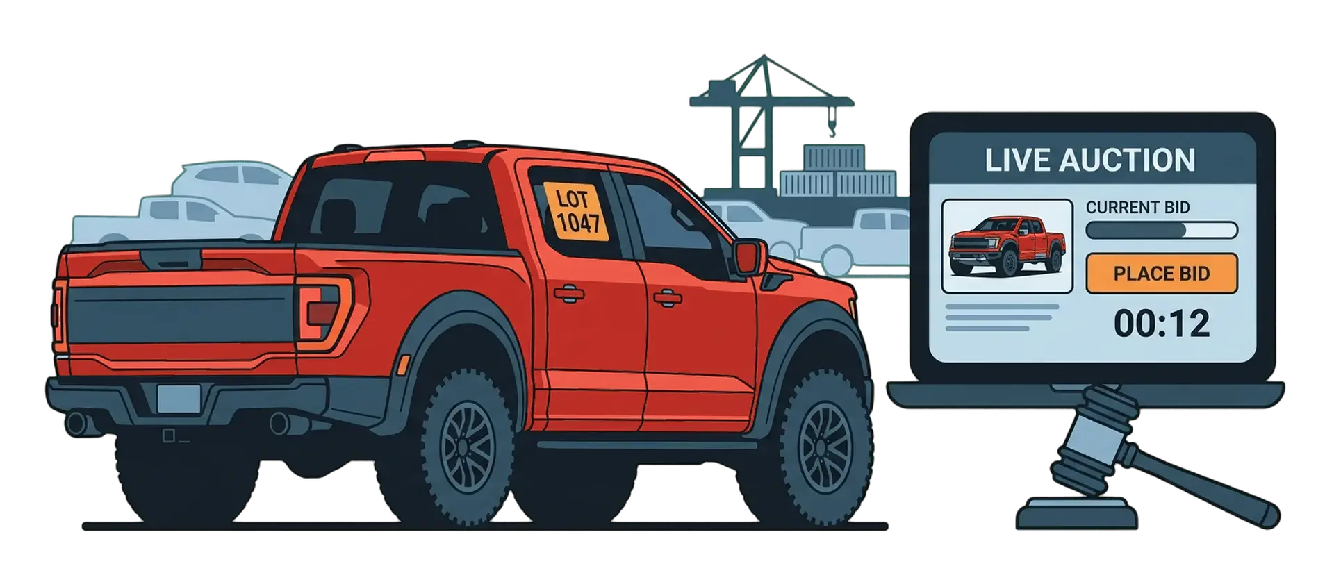 Used car with a VIN, title, fees and port checklist for buying from a US auction
