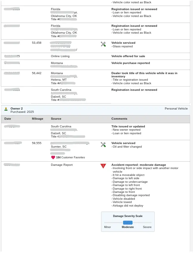 Redacted Carfax detailed history showing a moderate accident record and damage severity scale