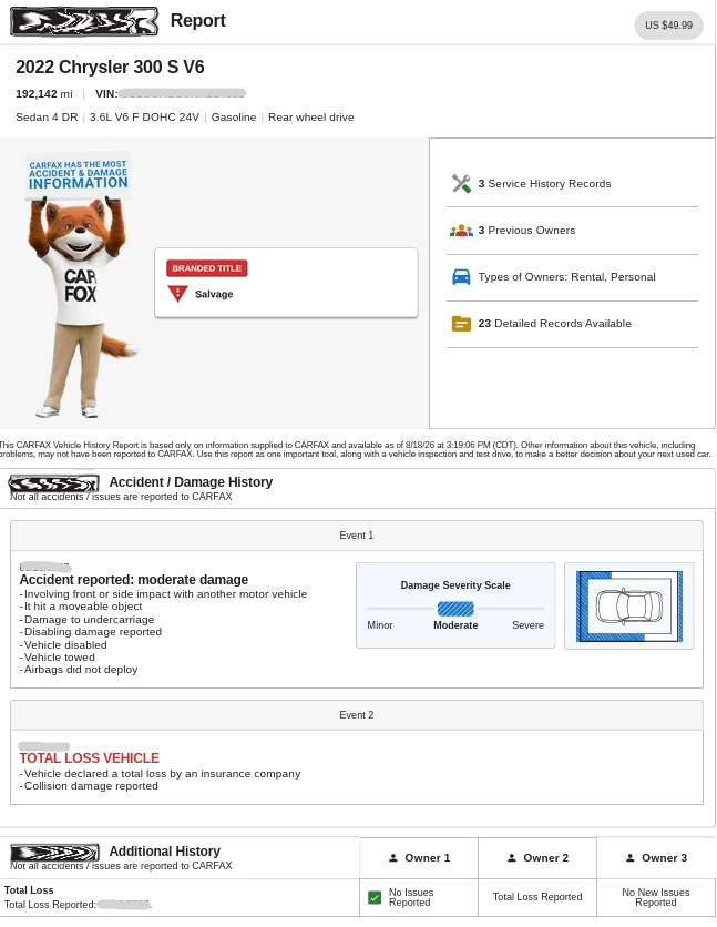 Redacted Carfax report overview showing salvage title, accident history, previous owners, and detailed records before buying a used car