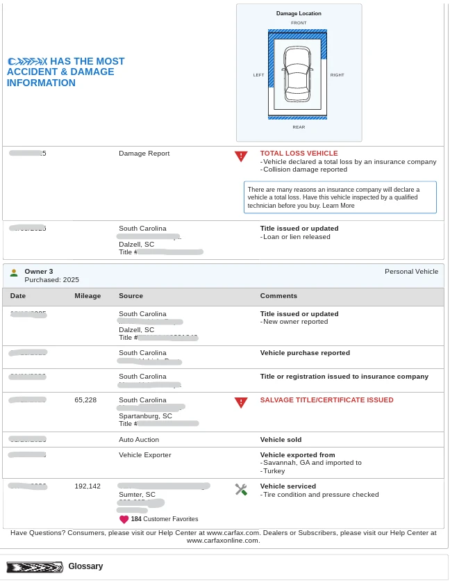 Redacted Carfax detailed history showing total loss, salvage title, export, and service records