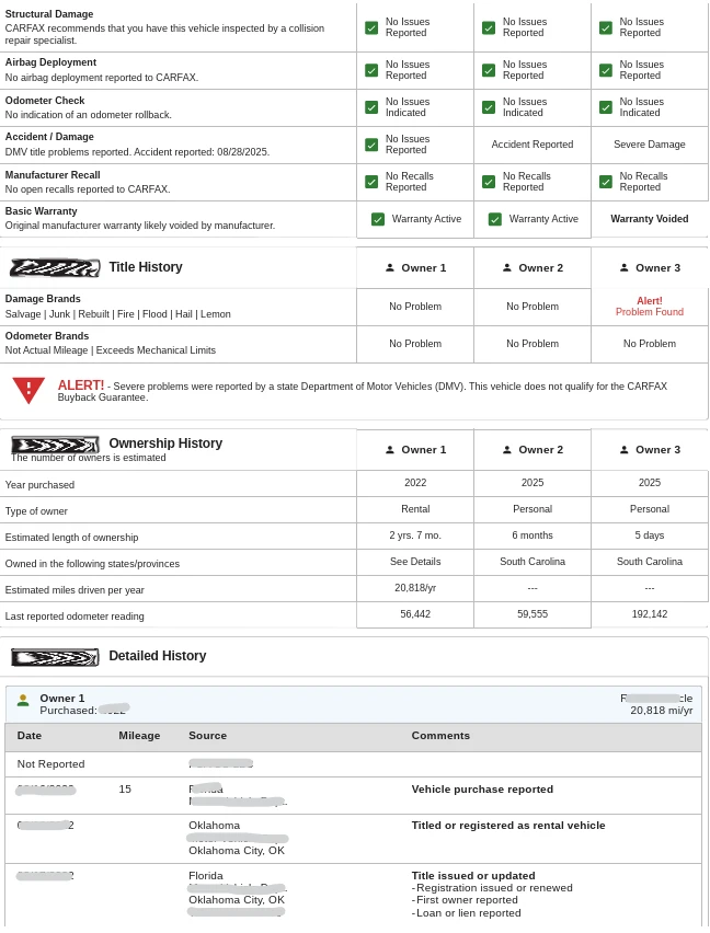 Redacted Carfax title and ownership history showing title alerts, ownership changes, and odometer checks