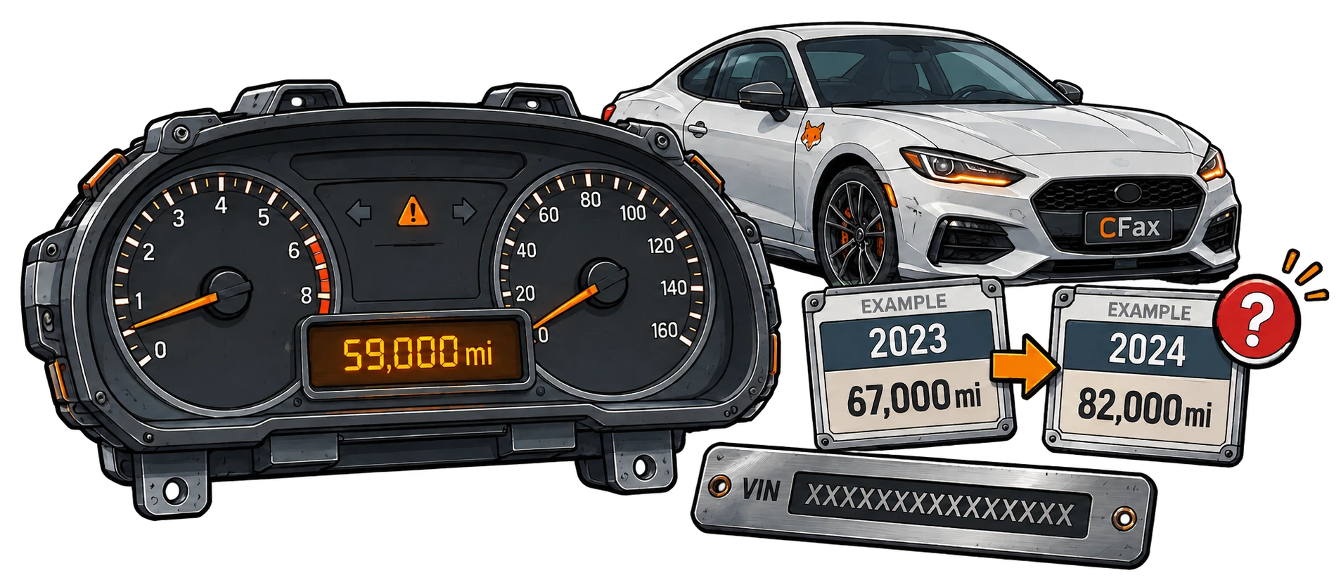 Illustrated odometer and dated mileage cards highlighting a reading that needs verification.