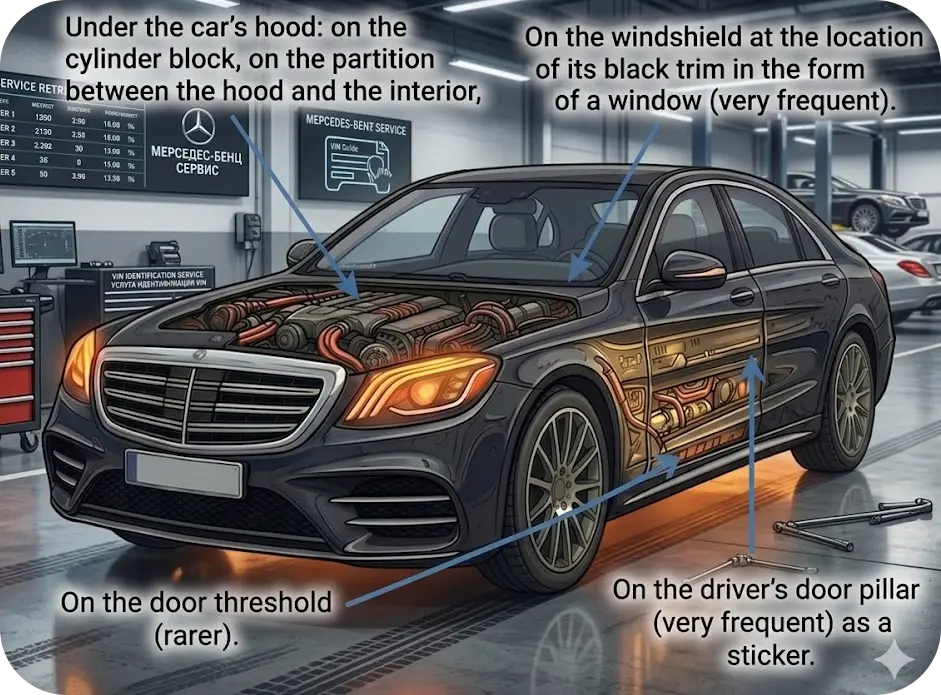 Where to find the VIN on a car: windshield, driver door pillar, door threshold and under the hood